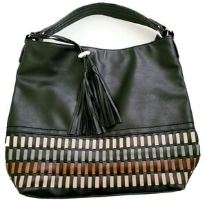 Gussaci Boho Bag Shoulder Black Cream Weave Fringe Tassel Purse Faux Leather